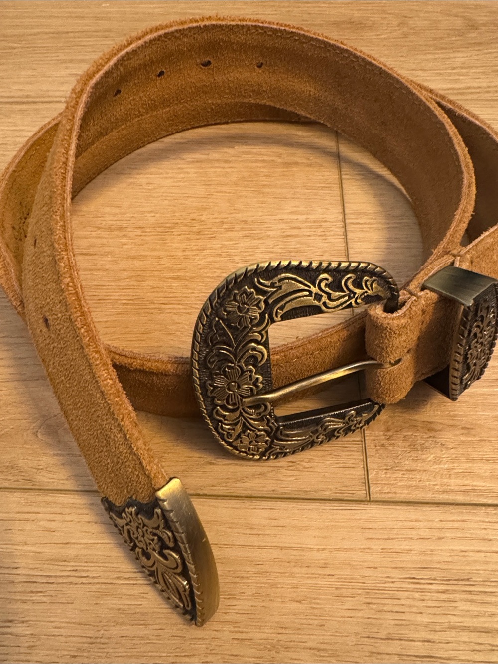 Free People Suede Tan Western Belt with Antique Brass Floral Buckle